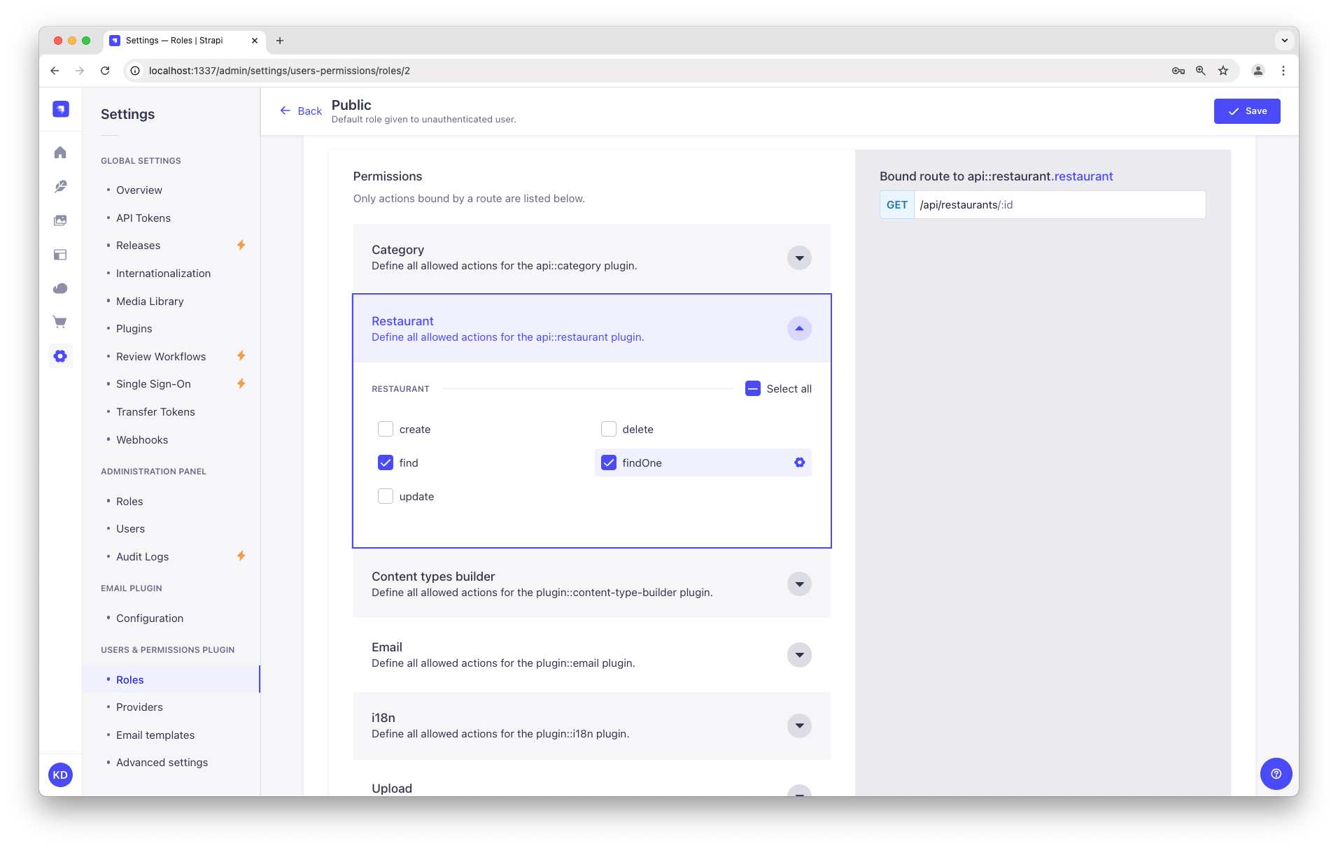 Screenshot: Public Role in Users & Permissions plugin